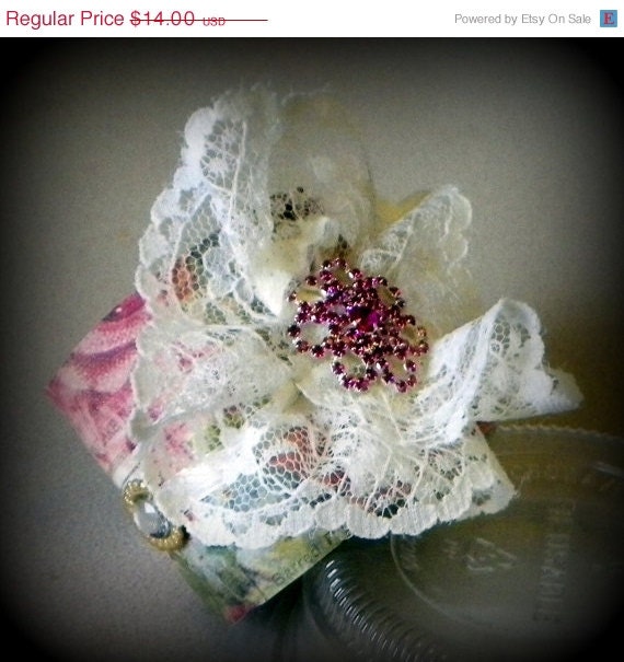 ON SALE Cuff Bracelet Made From Upcycled Recycled Vintage Vinyl Record Lace And Pink Eco Friendly