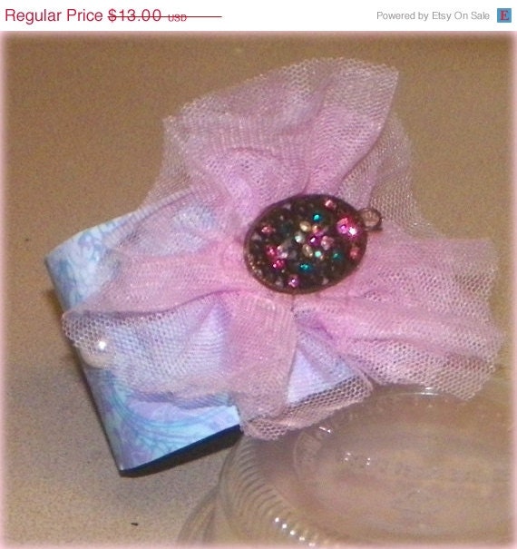 ON SALE Bracelet Cuff Vintage Style Upcycled from Vinyl Record and Lace Blue Pink Eco Friendly