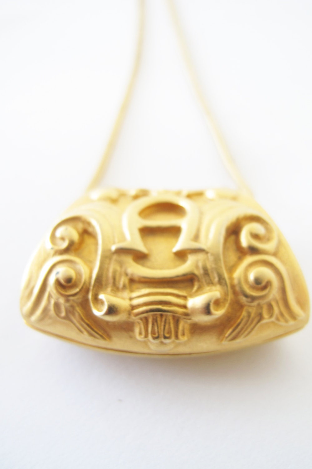 fabulous vintage 1970's/1980's ETIENNE AIGNER long gold baroque engraved pendant necklace snake chain