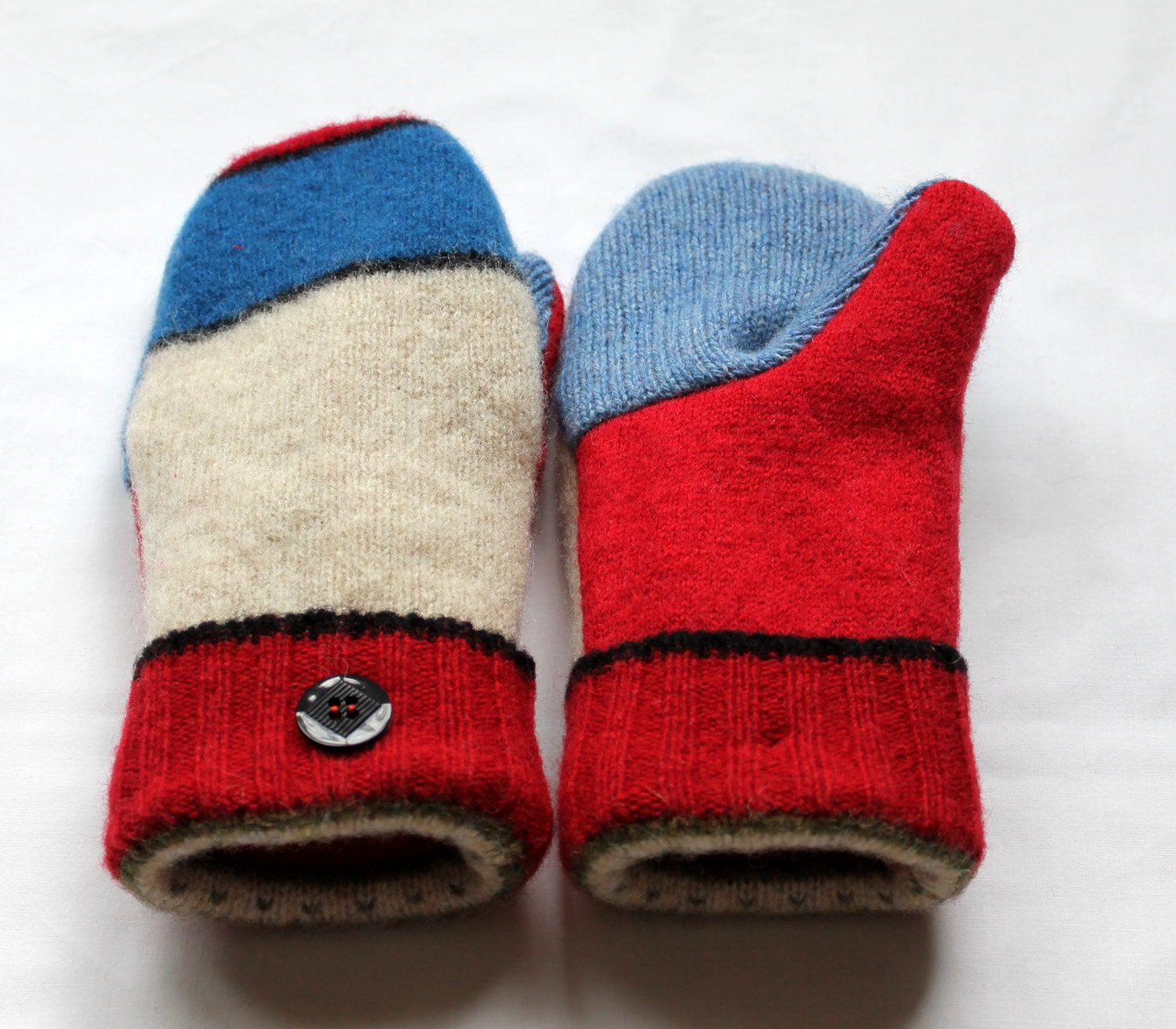 Wool Mittens from Upcycled Sweaters - Red,White and Blue - Womans size Medium