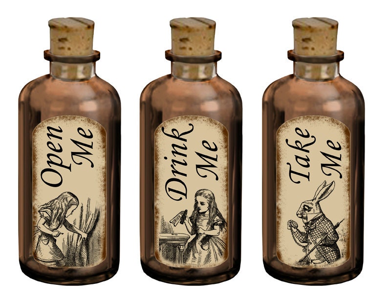 DRINK ME tags - Alice in Wonderland printable gift Hang Tag. Whimsical drink me cheshire cat labels. Digital Collage Sheet. k23 119