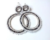 BEADED HOOP EARRINGS, sky blue, white crystal, handmade jewels, dangle earrings, circle beadwork