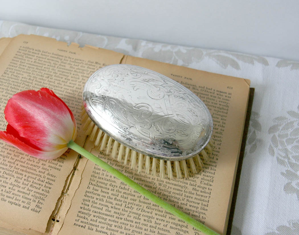 Vintage German Silver Clothes Brush - gray grey womens victorian red flower sand