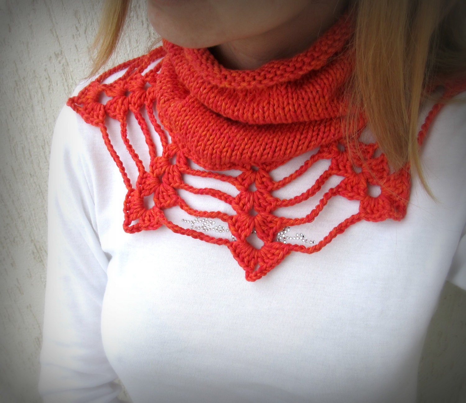 Red Lace Scarf Cowl / Poppy Cowl Neckwarmer / Tube Wrap with lace Spring Fashion Europeanstreetteam