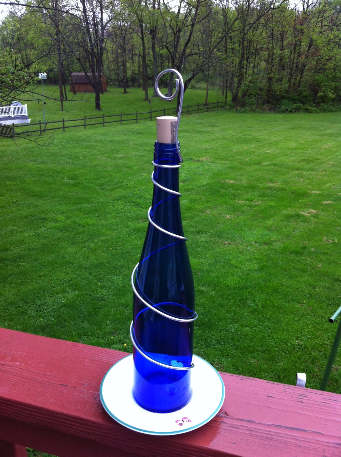 Recycled Blue Glass Wine Bottle Bird Feeded