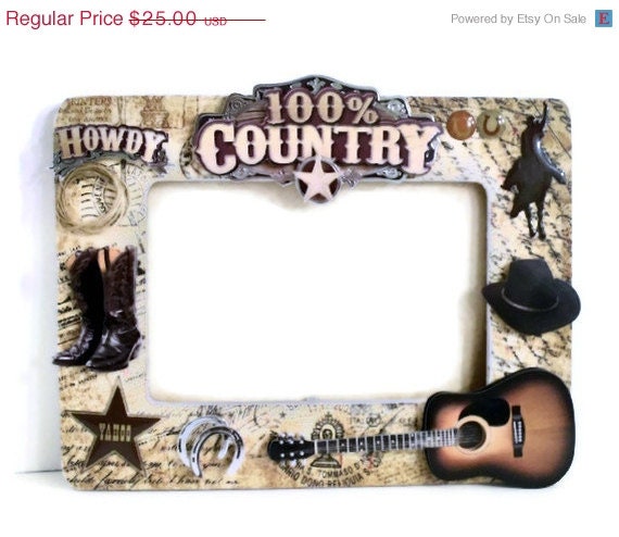 STOREWIDE SALE Wooden Picture Frame - Cowboy Country Style Embellishments (Brown / Gold / Taupe / Black) Men Man Guys - AuriesDesigns