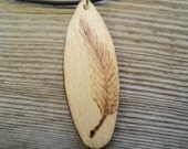 Wooden Woodburned Feather Pendant on Adjustable Leather Necklace