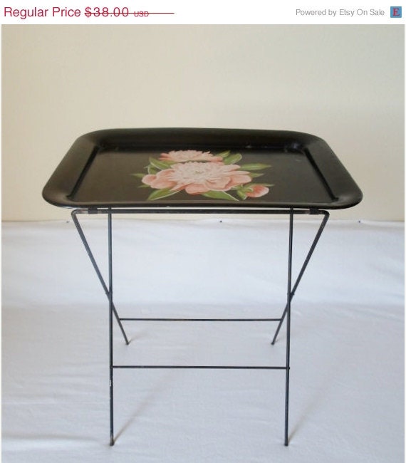SPRING SALE Vintage Block Company Tin Tray Table  Black with Pink Pionies  Side Table Shabby Chic  Cottage Chic  Made in Chicago USA