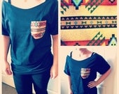 FREE SHIPPING- Tribal, Hipster Print Off the Shoulder Pocket Tee