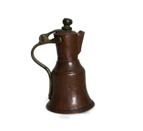 Vintage copper creamer, Tiny decorative pitcher, Dollhouse miniature, milk jug, brass handle & cute ball finial, unique vase, milkmen vessel