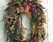 Summer Grapevine Wreath, Front Door Wreath,Burlap Bow, Hydrangeas, Ferns, Bird Nest, Mothers Day Gift, Home and Living, Holiday