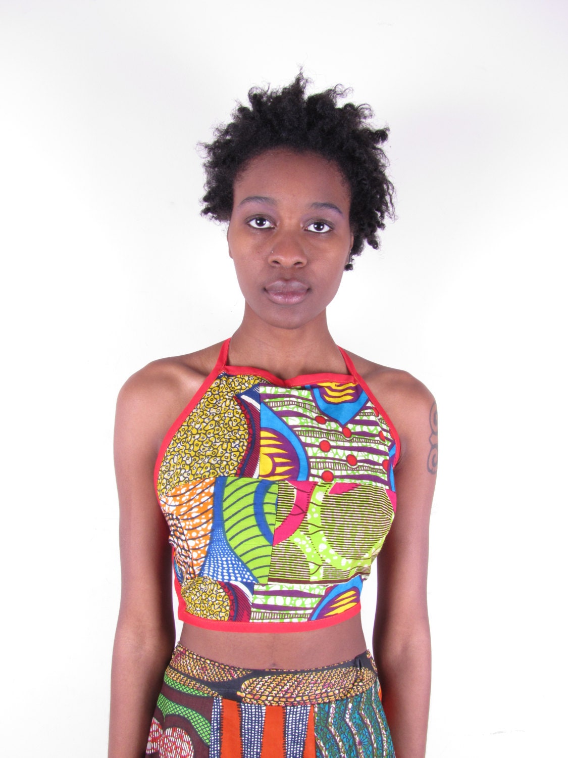 patchwork African mixed wax print hippie ethnic tribal crop top shirt gilet