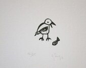 Seagull and fish, fishing bird, black and white etching, linoleum