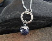 Blue Sapphire Faceted Gemstone Necklace, Sterling Silver Ball Chain, Handmade, 16", September Birthstone