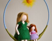 Children  mobile Waldorf inspired needle felted : Mother and  daughter sitting in the circle