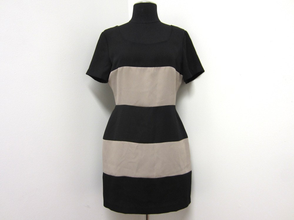1980s Black and Tan Horizontal Striped BodyCon Dress - Size 4 - Vegan