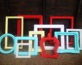 Set of 11 Vintage OPEN / EMPTY Wall FRAMES / Frame Gallery - Painted in Sunset Red Aqua Pale Yellow & White