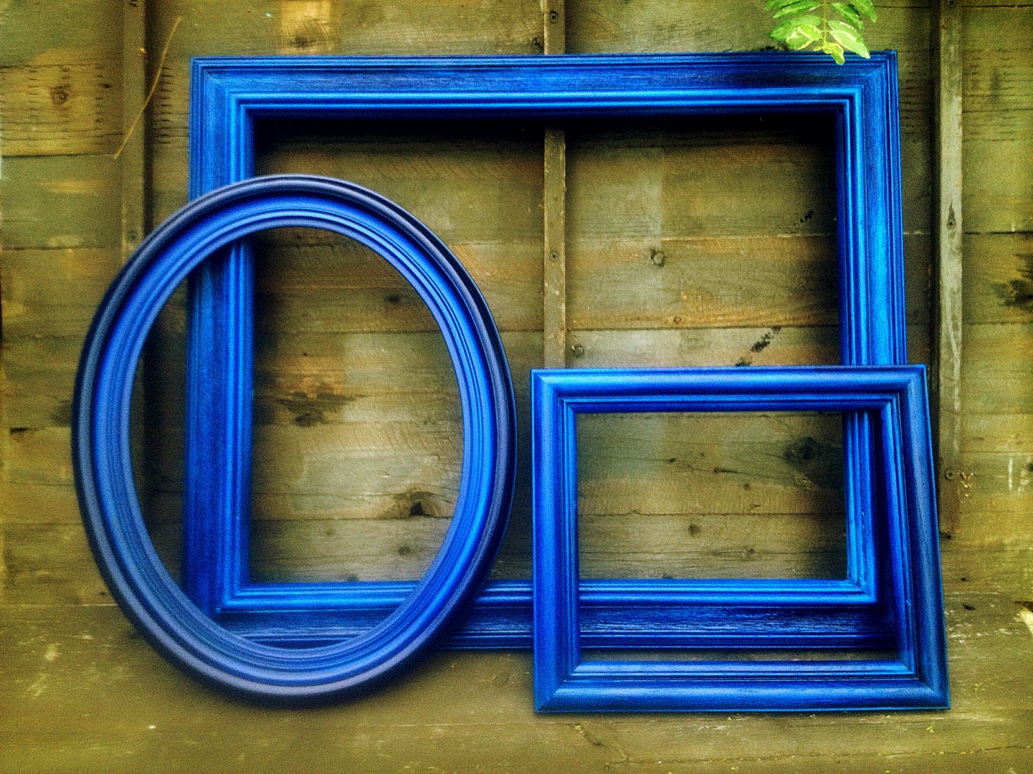 Set of 3 VINTAGE Wooden EMPTY Wall FRAMES  - Painted in Cobalt Blue 