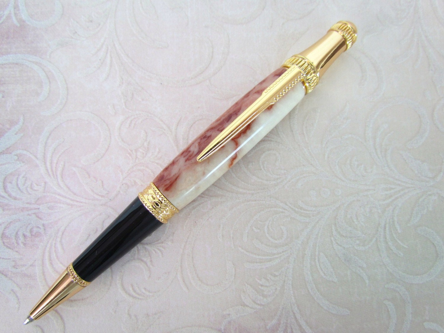 Pen Handcrafted in Acrylic with Amber Ivory Marble 24 kt Gold Finish Arrow Clip Regal Design Office Gift