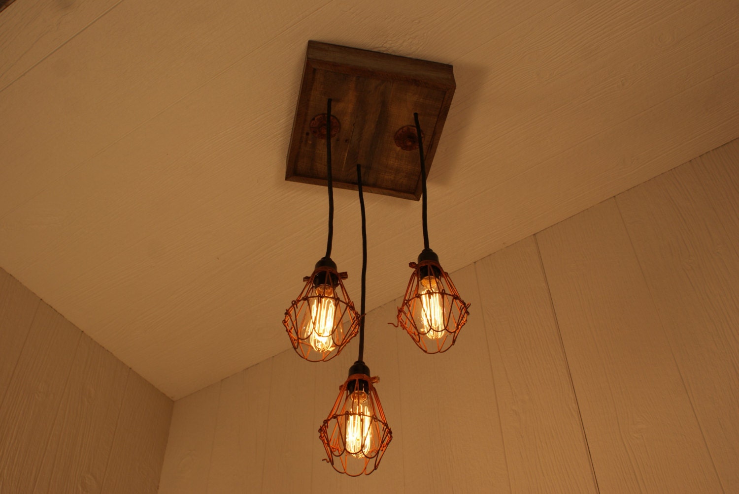 Cage Light Chandelier - Cage Lighting - Edison Bulb - Upcycled Wood
