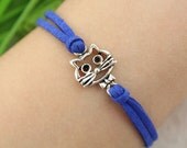 bracelet--lovely cat bracelet,antique silver charm bracelet,Sapphire blue cord,MORE COLOR