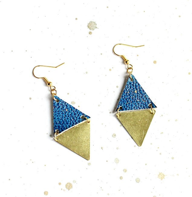 Galaxy triangle earrings /// Brass and hand painted leather