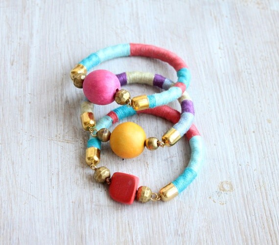 Rope bangle A ///  Turquoise, Pink and Coral