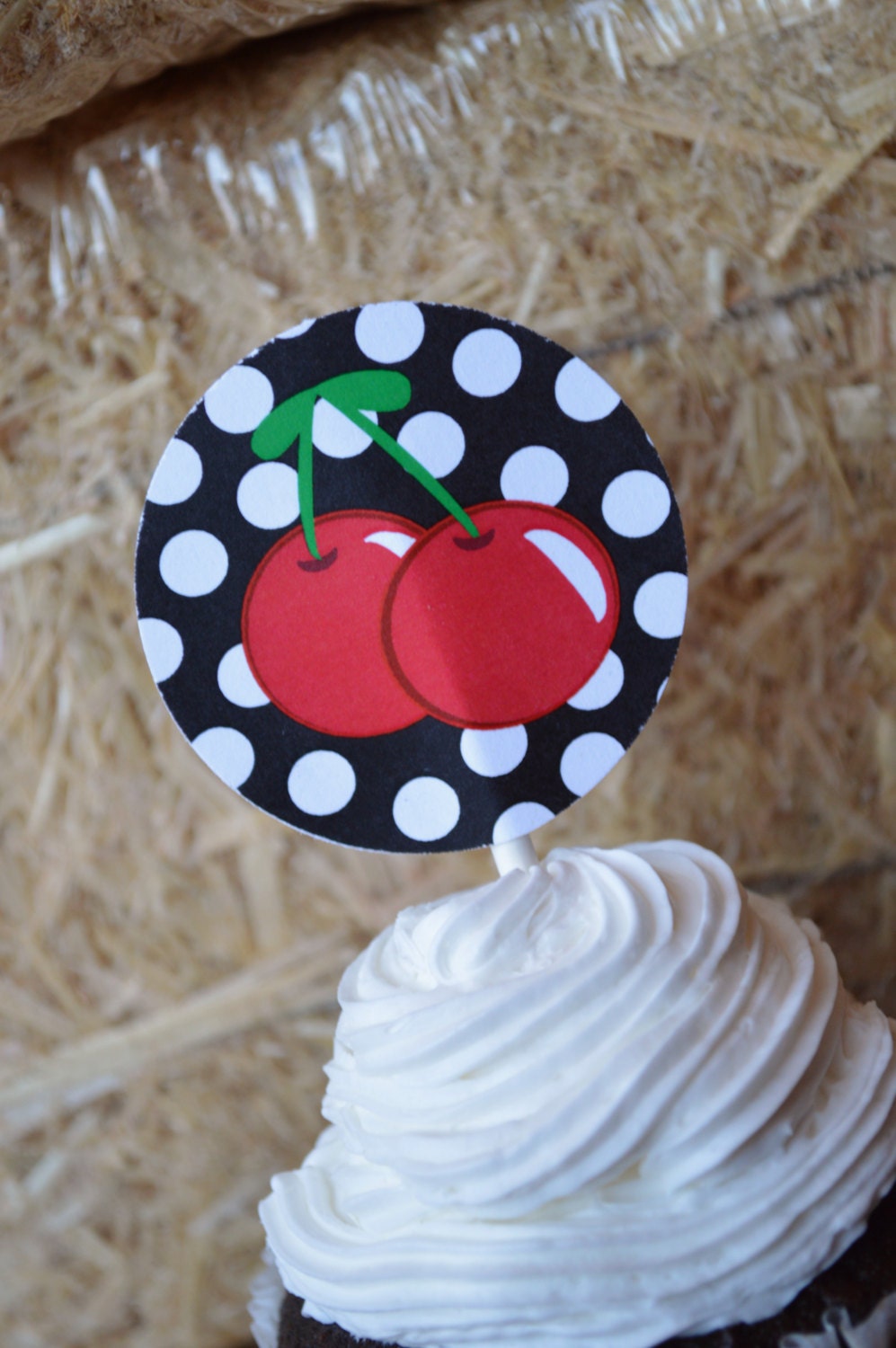 INSTANT DOWNLOAD Printable Cherry Black Polka Dot 2 Inch Round Cupcake Toppers/Stickers/Confetti