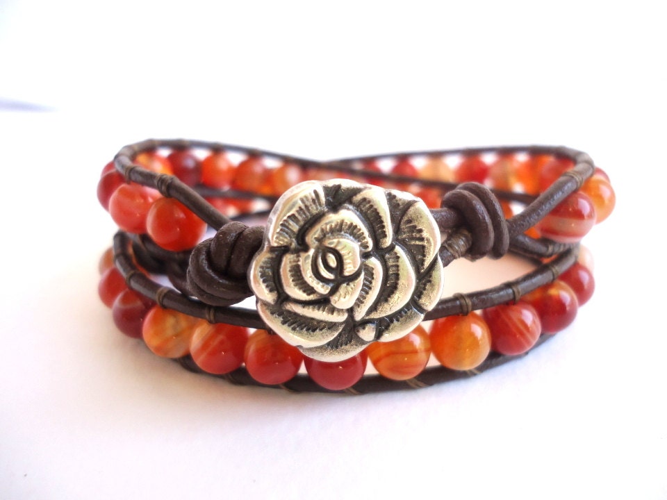 Red orange Striped Agate Leather Wrap Bracelet / Chan Luu inspired / stack bracelet / rose button / boho / cowgirl jewelry / rustic / earthy
