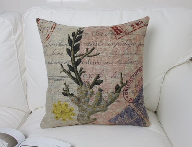 1 handmade linen spring tree and yellow flower and retro stamp words  printed fashion decorative pillow cover / cushion case 18"