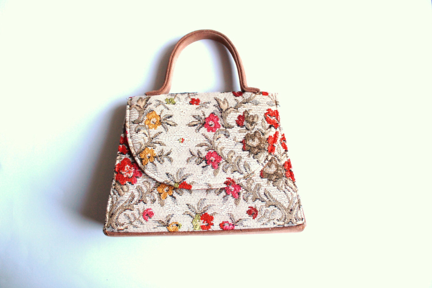 Vintage Tapestry Handbag Red Yellow Flowers - CakeNumber9