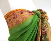 Large Green Sarong, Silk Sari Beach Wrap, Green Cover up, Silk Chiffon Shawl, Gypsy Scarves, Embroidered Scarves