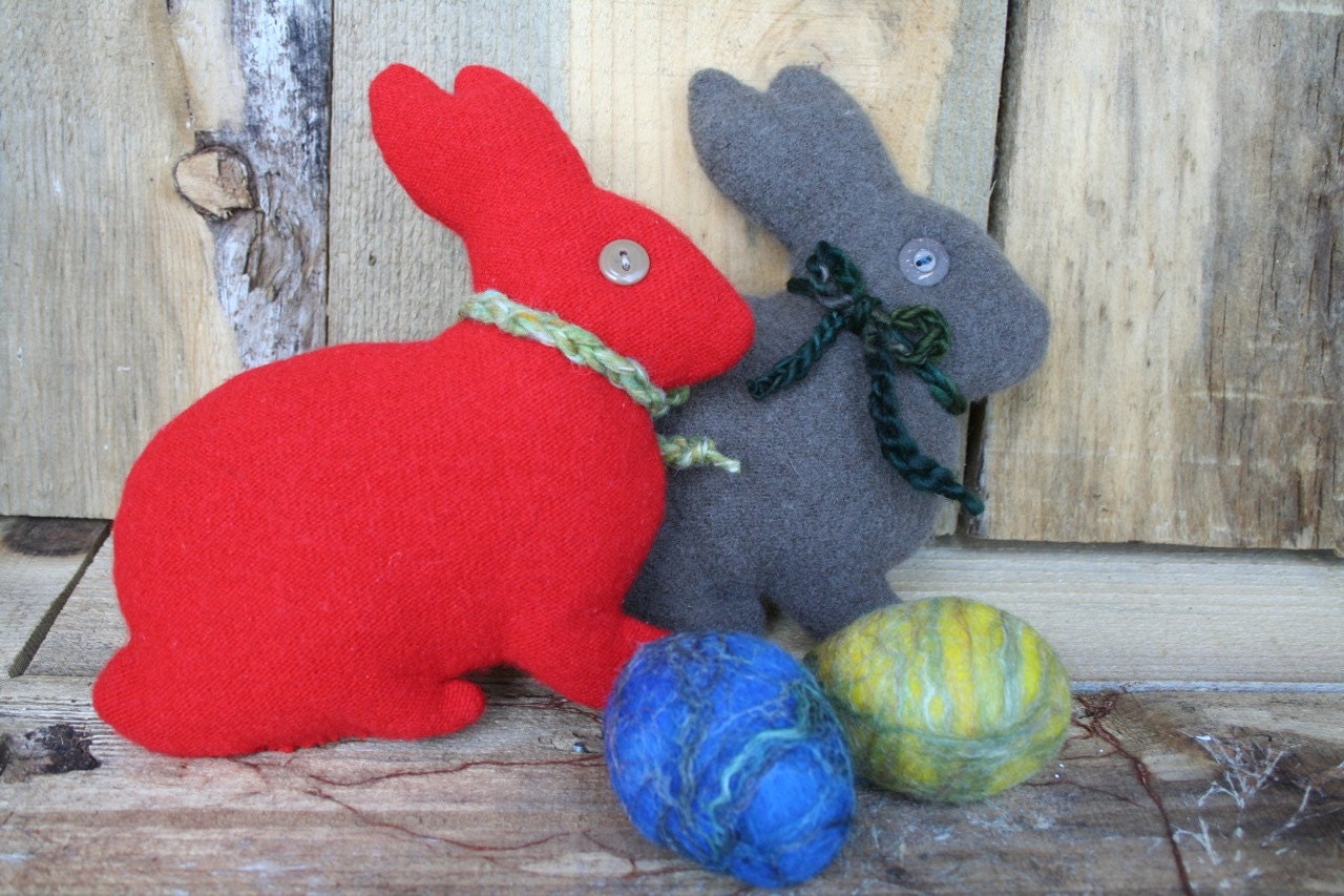 Two Bunnies & Two Eggs- All Wool Recycled Plush Toys- Felted Musical Eggs