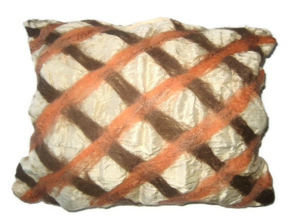 Silk pillow cushion nuno felt wool decorative beige brown orange  cream color