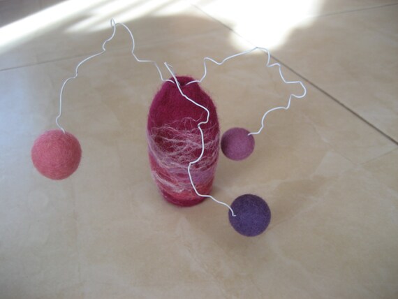 Felted tiny  vase with 3 craspedia pom pom flowers minimalist. Purple pink. Felt wool balls, glass. Easter, Mothers day Gift under 20