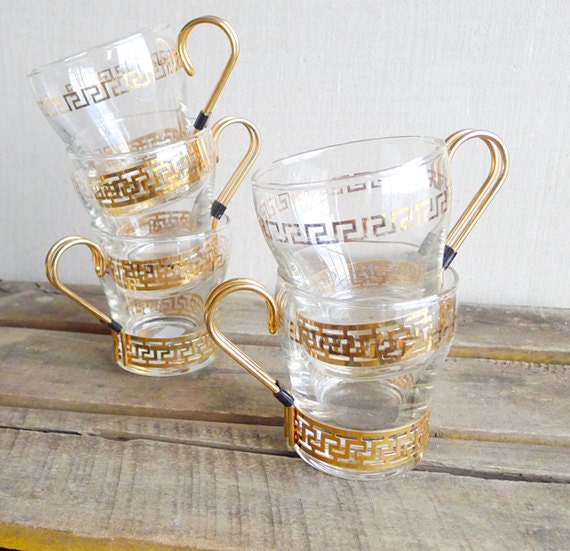 Vintage Gold Glasses Set of 5 - Greek Key Pattern - Libbey Glass