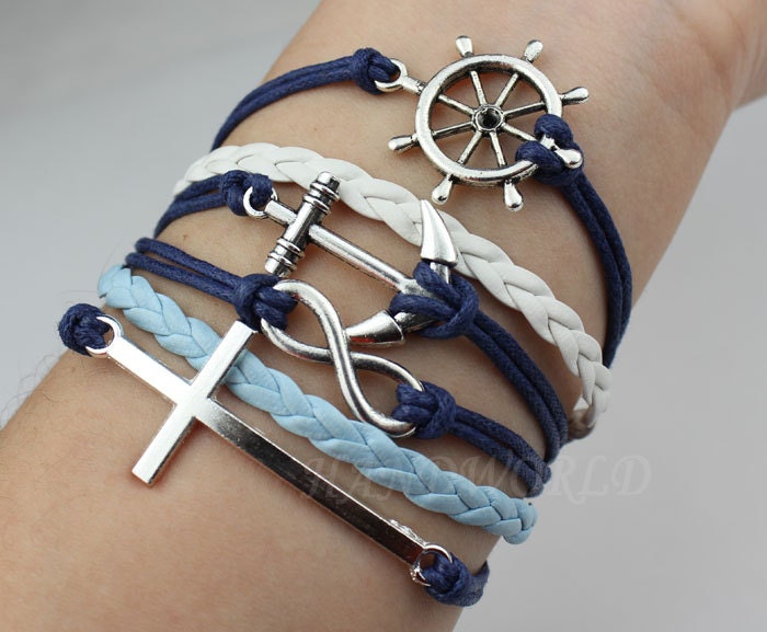 Antique Silver Infinity&Cross Bracelet,Silvery Anchor Bracelet, Rudder Bracelet,Friendship Gift-Personalized Bracelet,Charm Bracelet-N891