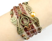 Antique Bronze Harry potter,Harry Potter Snitch and Owls Charm Bracelet,Leather Braided Bracelet-Personalized, Friendship gift-N1368