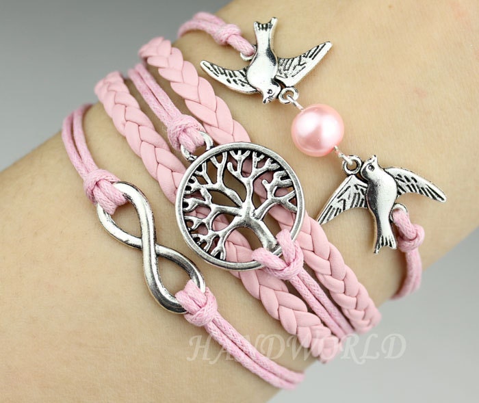 Tree of life Bracelet Silvery Karma Bracelet Lover Birds Bracelet Pearl Personalized Bracelet Pink Leather Bracelet -N1140
