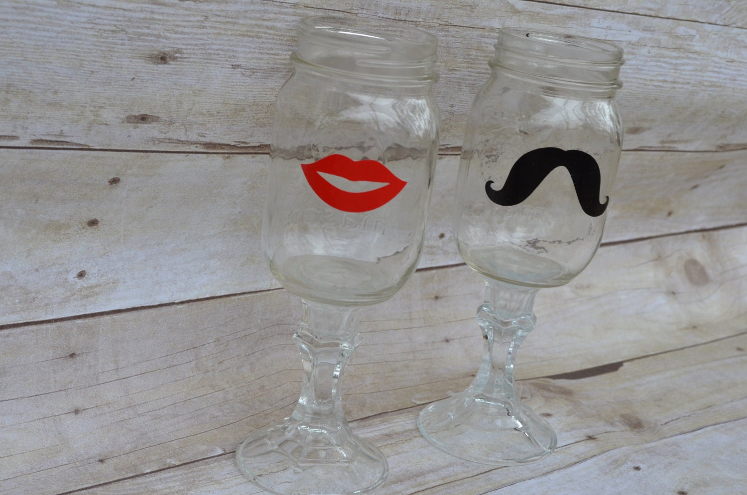 Fun His and Hers Custom Redneck Wineglasses with Mustache and Lips - Makes Great Gift