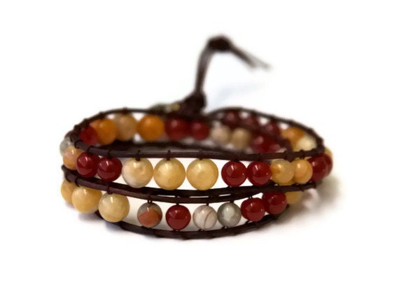 Mixed Gemstones Leather Wrap Bracelet  - Semi Precious Yellow Jade, Carnelian and Agate Beads, Brown Leather,