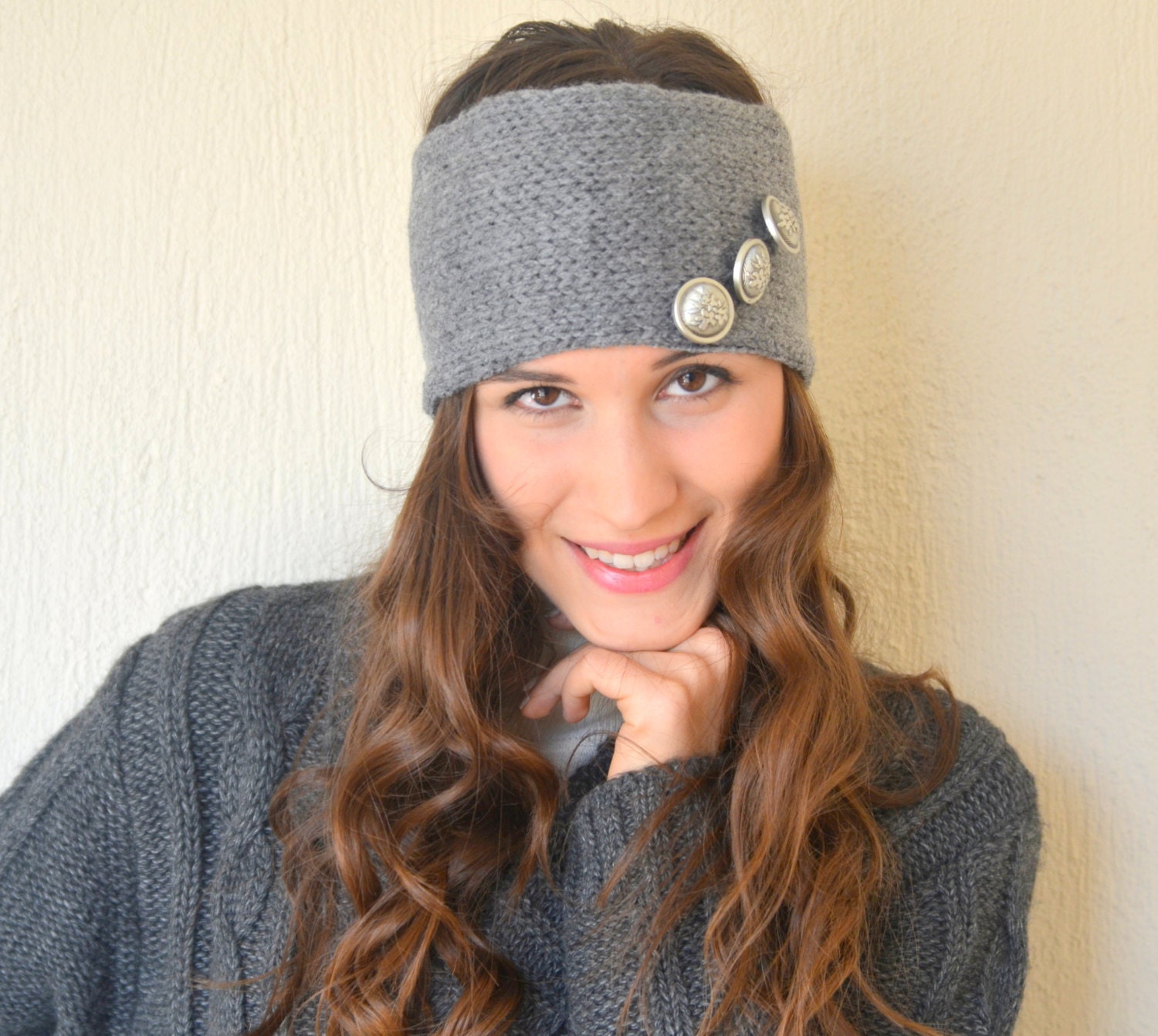 Grey hand knit headband with buttons ear warmer winter head wrap chunky ear warmer birthday gifts
