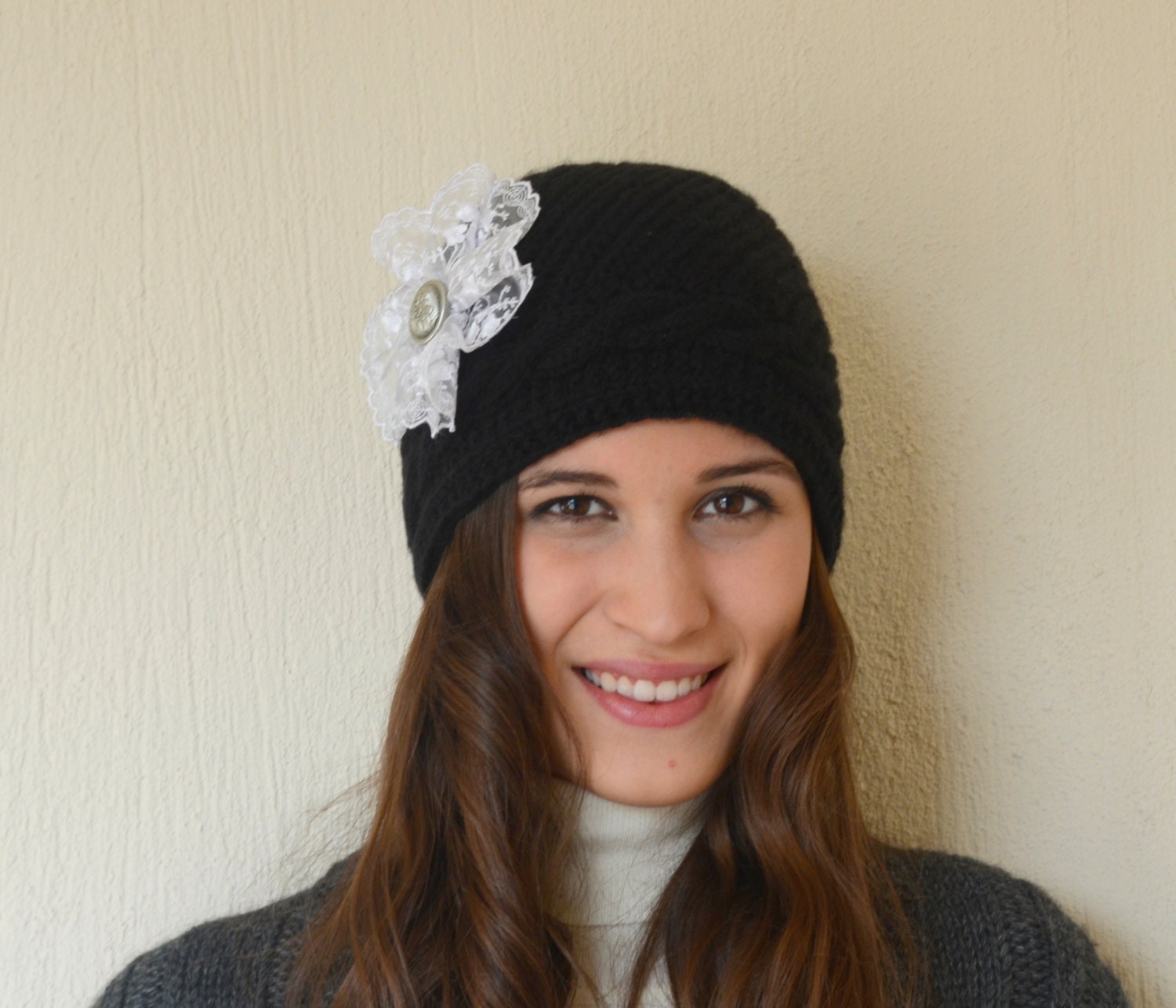 Buy announcements gifts birthday - Hand knit black hat with boho lace flower winter hat girl hats accessory valentines day gifts birthday gifts