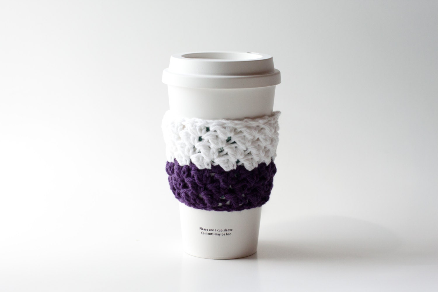 Crochet Coffee Cup Sleeve in Purple and White - READY TO SHIP -