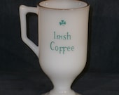 Vintage Irish Coffee Mugs --White Milk Glass with Gold Rim -- Shamrock and Celtic Caligraphy