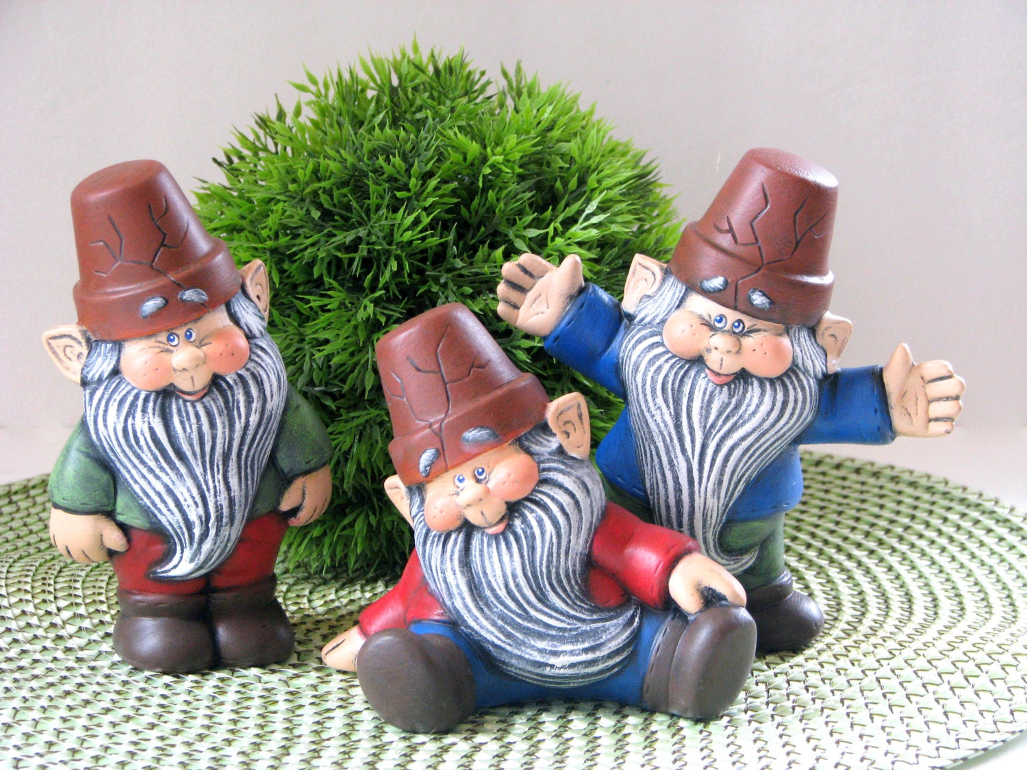 Ceramic Partying Garden Gnomes - SET OF THREE - 5 inches high -  hand painted, lawn and garden, indoor or outdoor