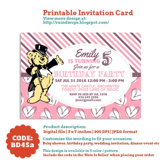 Cute Teddy Bear Kids Birthday Invitation Card DIY Printables