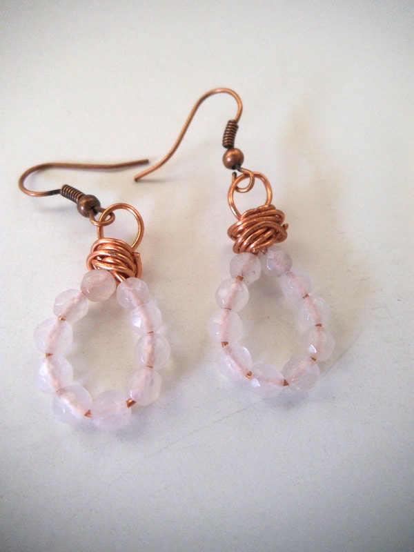 Wire-Wrapped Frosted White and Copper Dangle Earrings, Copper Ear Wires
