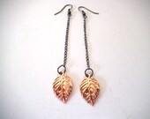 Long Rose Gold Leaf Dangle Earrings with Gunmetal Chain and Earwires