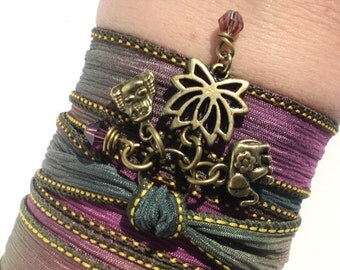 Namaste Silk Wrap Bracelet Yoga Jewelry Lotus Meditation Sacred Elephant Ganesha Arm Band Unique Mothers Day Gift Under 50 Item Y35